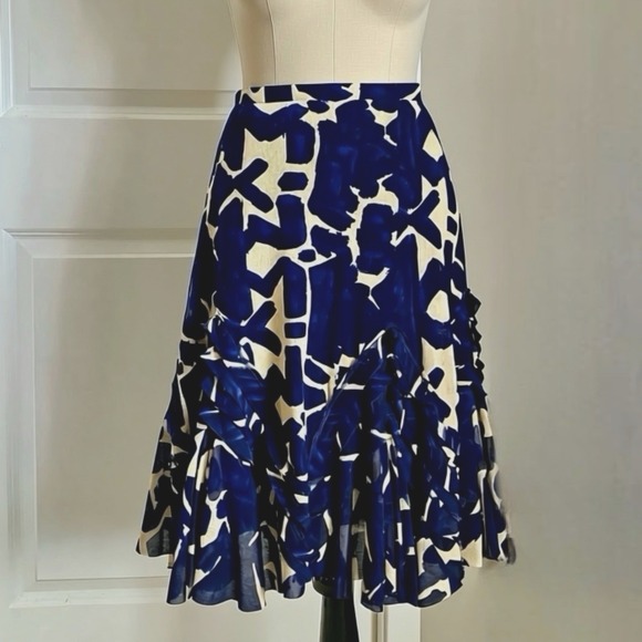 Fuzzi Jean Paul Gaultier Ruffle Mesh Midi Skirt Navy Ivory Abstract Print Medium - Picture 2 of 8